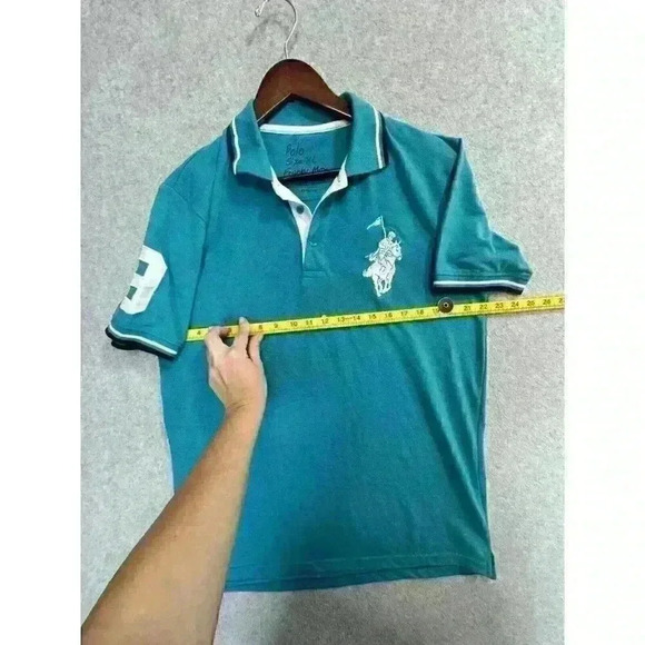 Men’s Polo Franky Max Shirt Big Pony Number 9 Size XL Teal White Ringer Collared - Picture 8 of 12